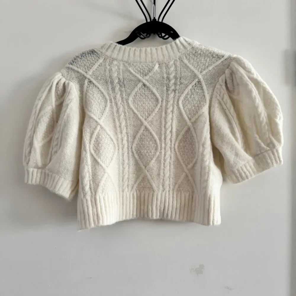 New Hill House Ollie Crop Sweater White Ribbed Hem Button Puff Sleeve Sz S